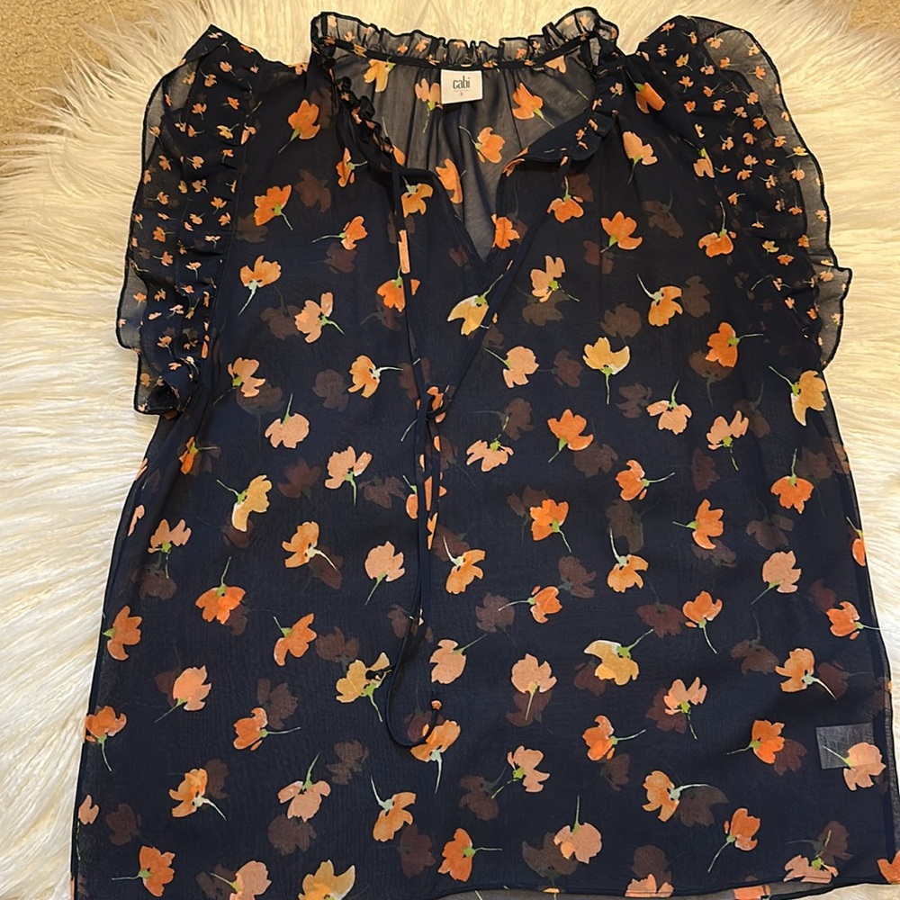 CAbi Floral Sheer Blouse - Navy and Orange - Picture 2 of 5